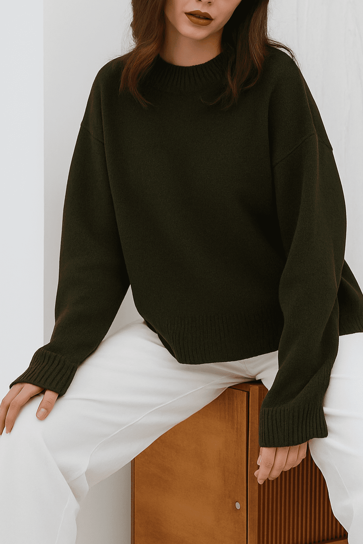 Thalia Sweater by Lauven in khaki green, stylish oversized knit perfect for fall and winter layering.