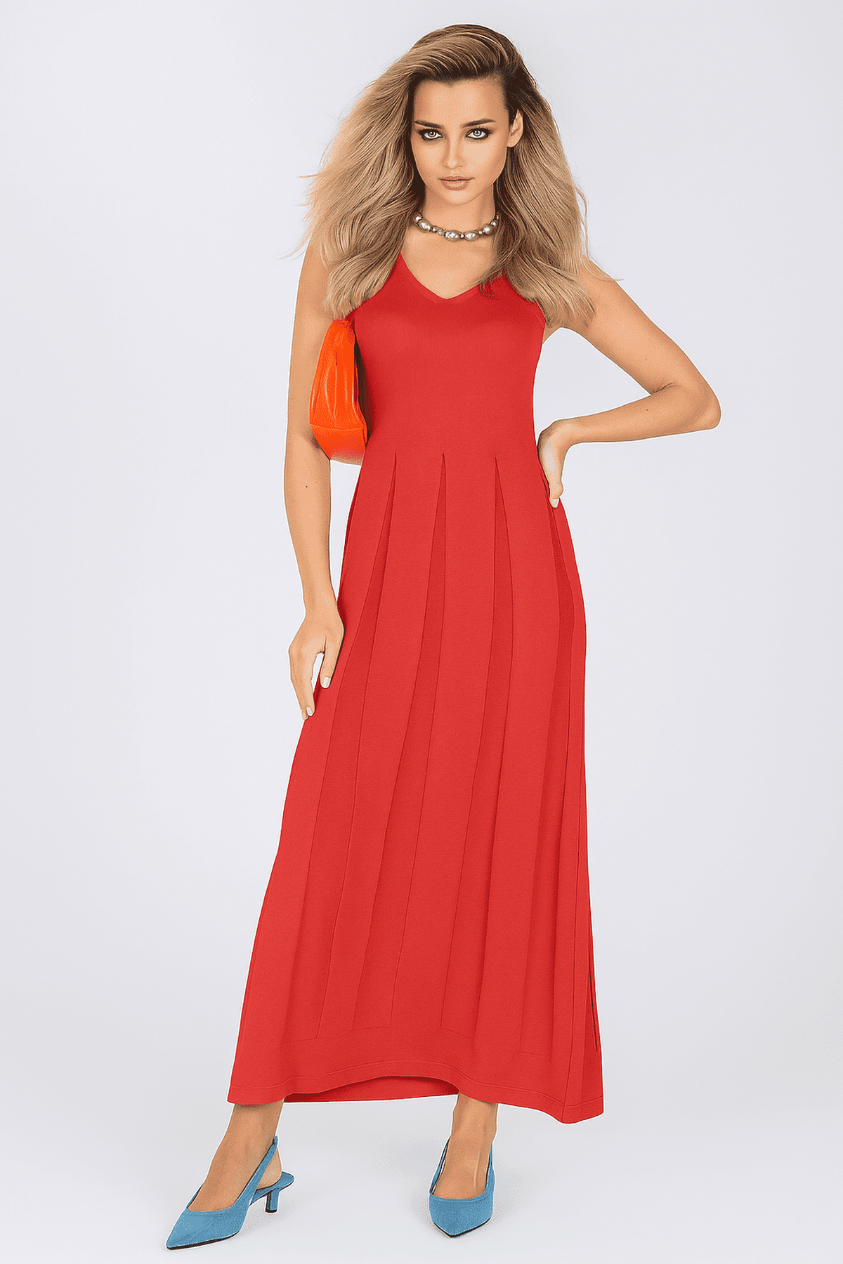 Rossa Maxi Dress by Lauven - Vibrant red knit dress with sleek silhouette and V-neckline, perfect for modern femininity.