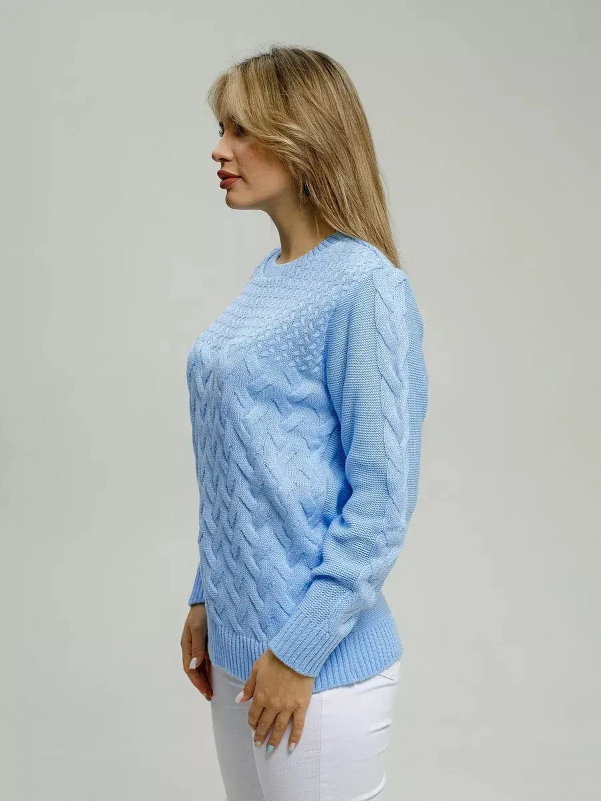 Alba Pullover by Lauven, blue knit sweater showcasing classic fit and breathable comfort, perfect for cooler weather.