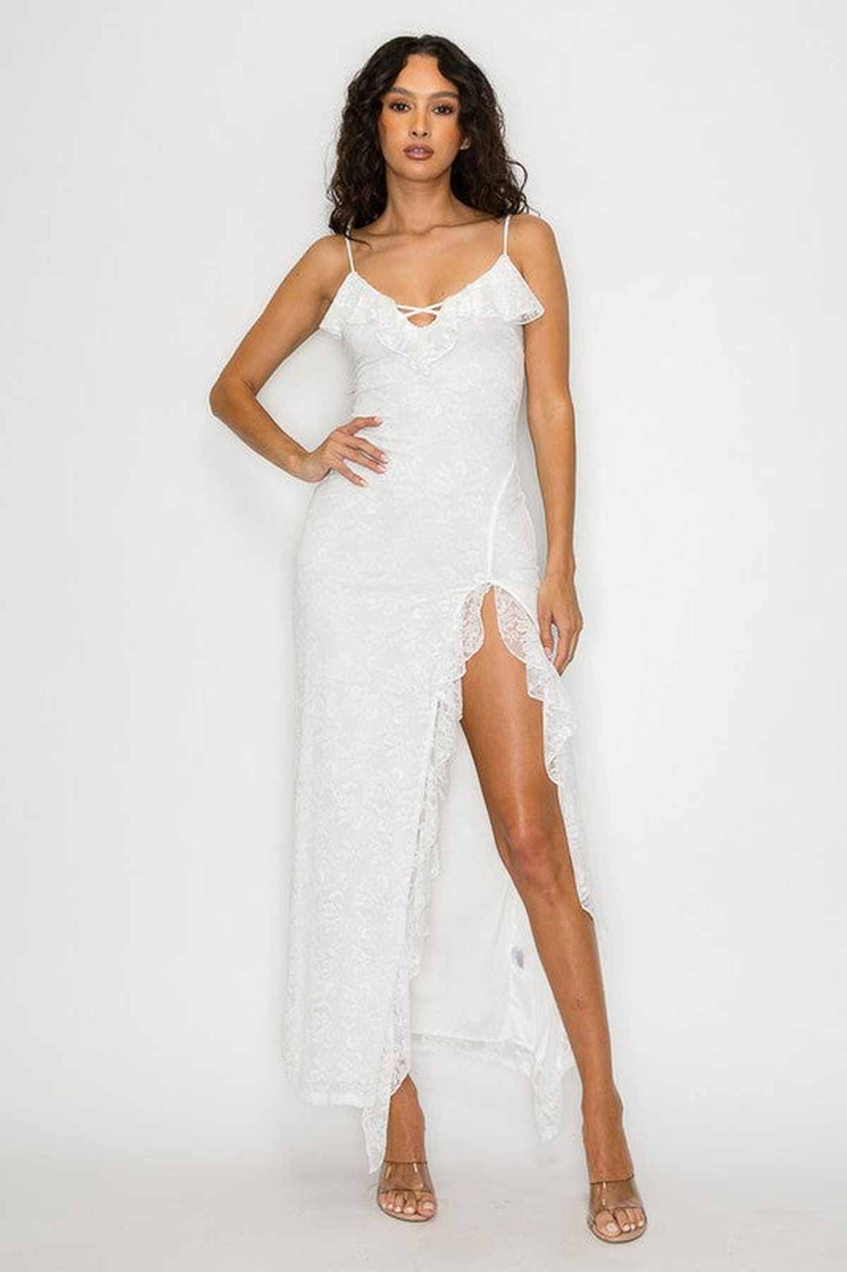 Elegant ivory Aurora Maxi Dress featuring floral lace, adjustable straps, and a stylish side slit, perfect for summer events.