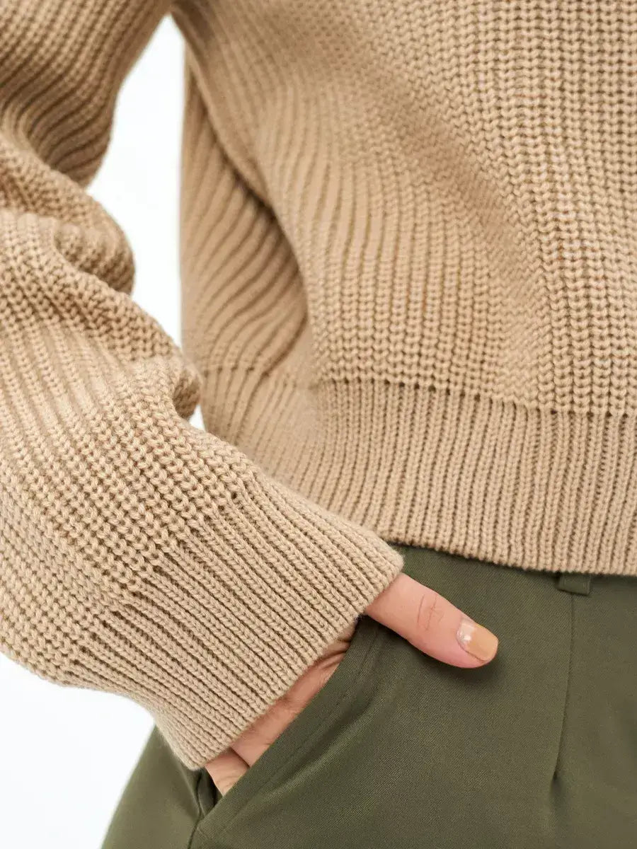Cappuccino Sweater by Lauven, oversized knit in warm beige with cropped length and relaxed silhouette.