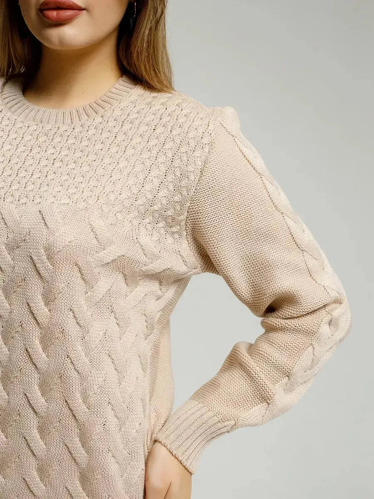Elara Sweater by Lauven, soft light beige knitwear showcasing breathable comfort and elegant design.