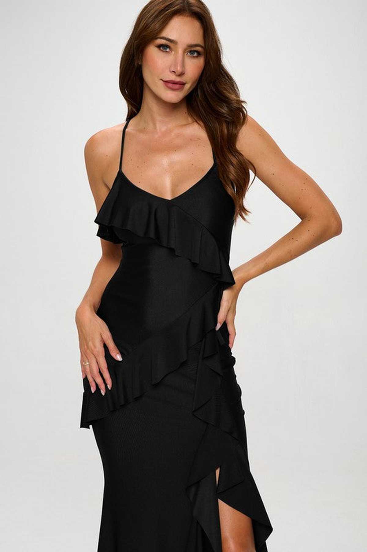 Elegant black Iris Maxi Dress with ruffles and a high slit, perfect for formal events, weddings, or summer parties.