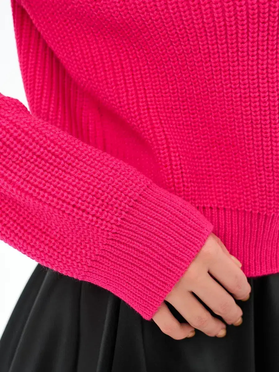 Flamingo Sweater by Lauven, oversized knit in bold fuchsia showcasing texture and cozy fit for vibrant style.