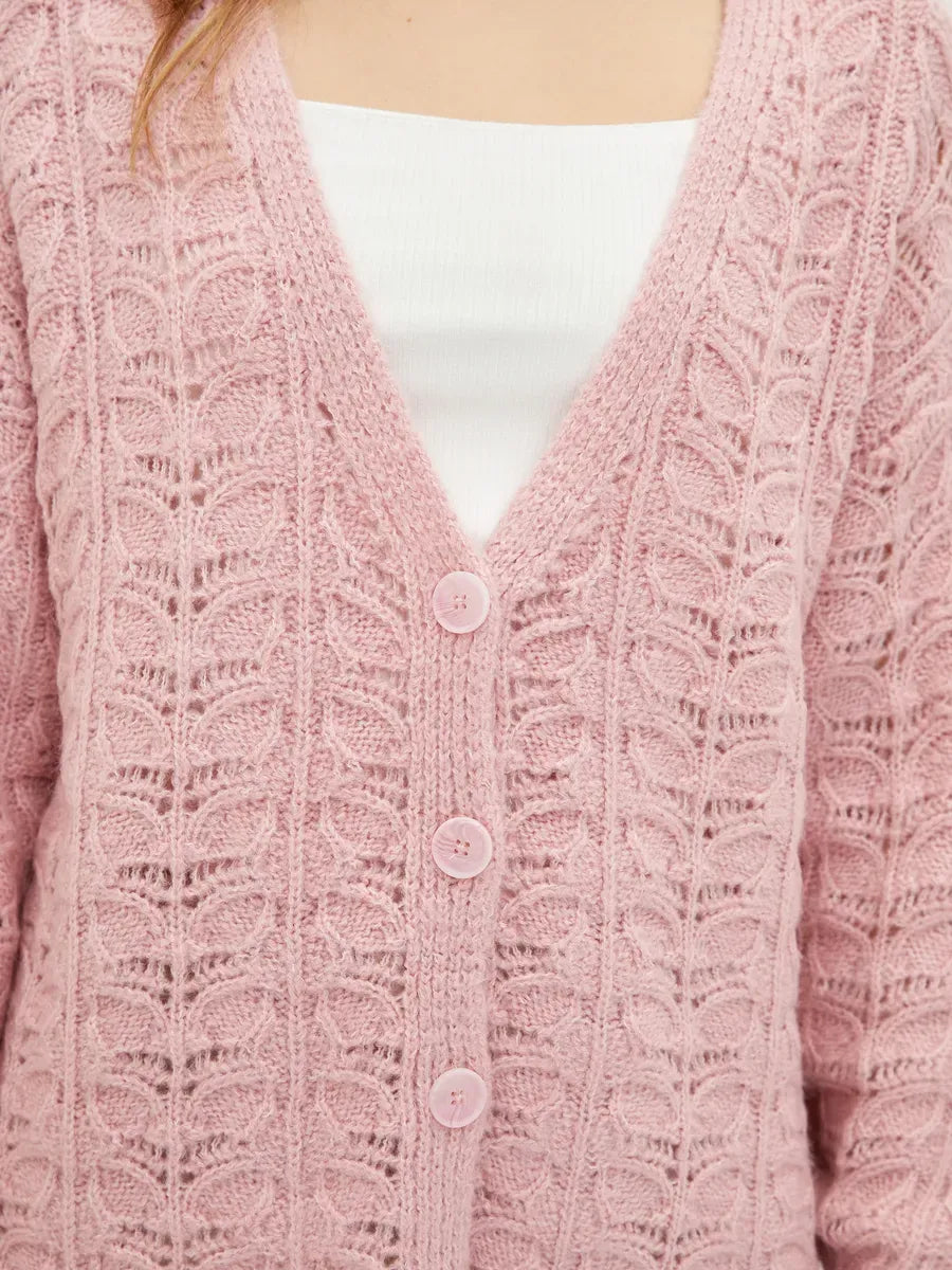 Liora Cardigan by Lauven, soft pink jacquard knit with V-neckline and button details.