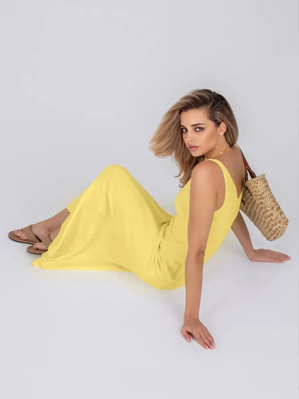 Solara Maxi Dress by Lauven, bright yellow ribbed knit dress perfect for summer elegance.