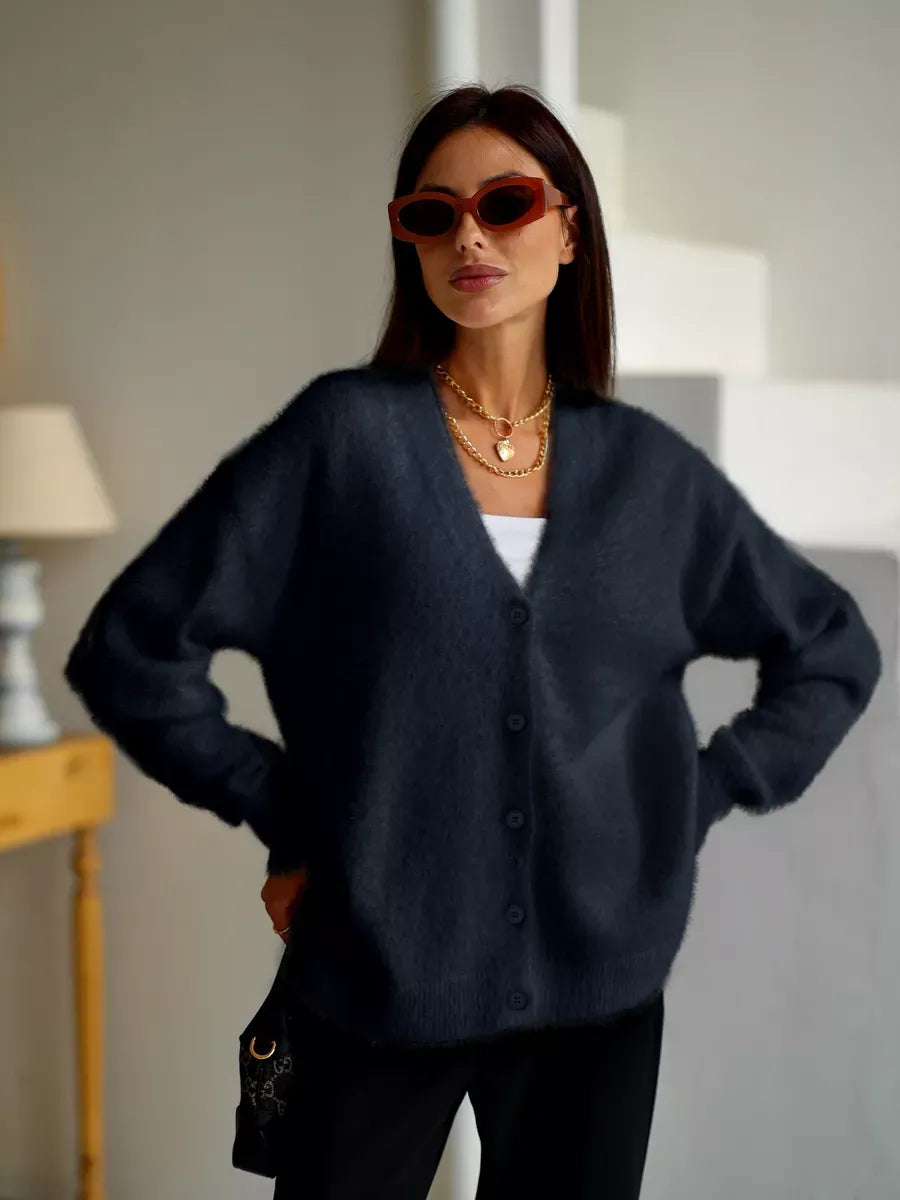 Obsidian Cardigan by Lauven - Plush black oversized knitwear with button closure, perfect for stylish fall layering.