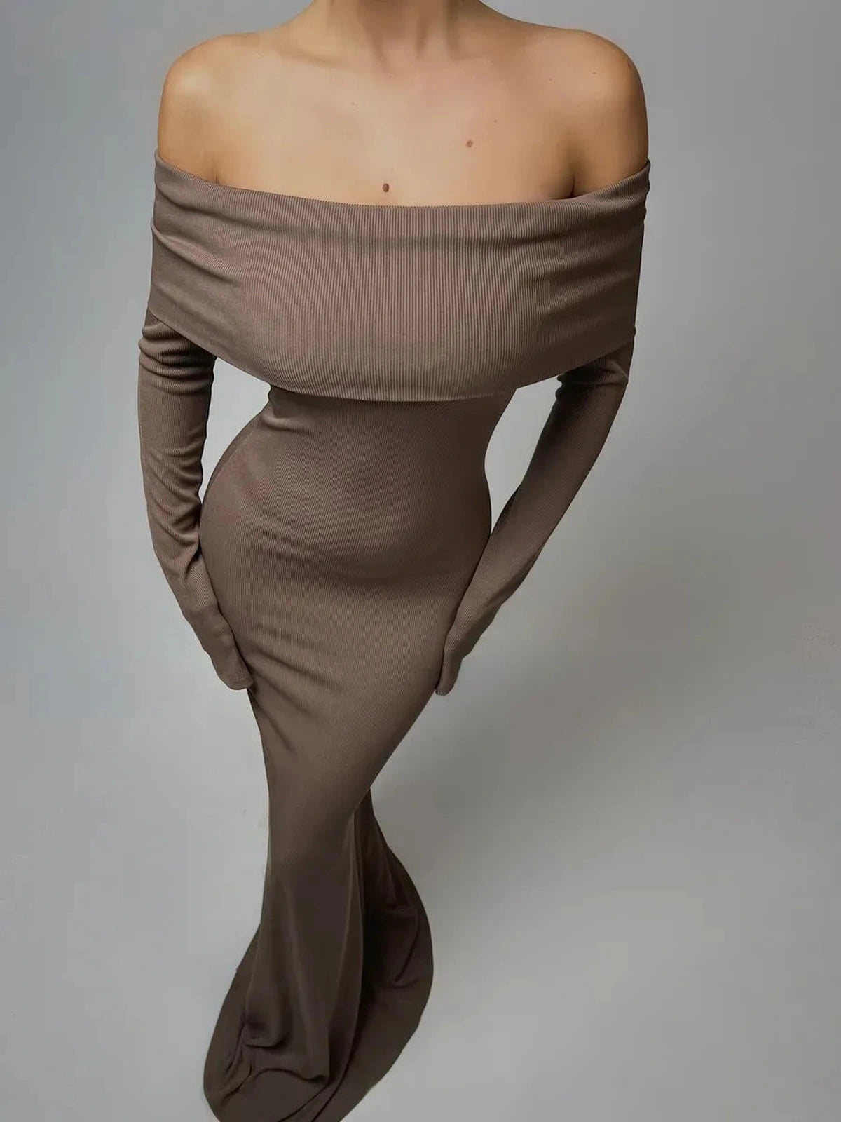 Solara Maxi Dress by Lauven - Off-Shoulder Ribbed Maxi Dress in Chocolate Hue