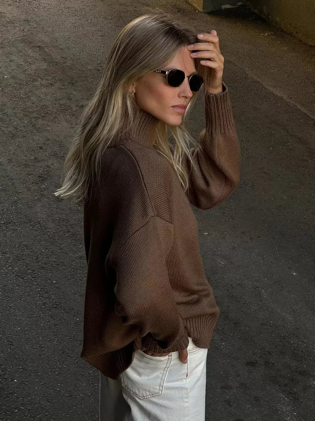 Maple Sweater by Lauven - Oversized women's wool knit in cocoa brown with high turtleneck, perfect for cooler months.