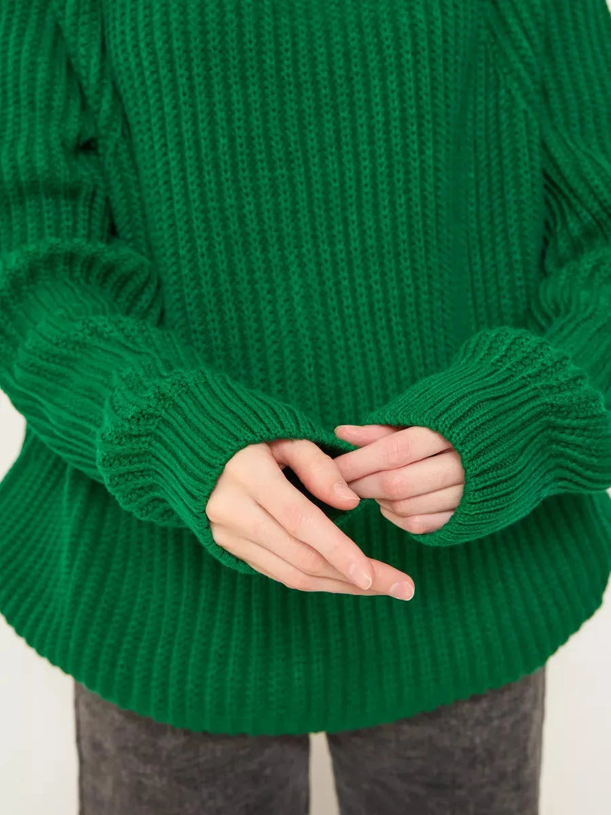Emerald Sweater by Lauven - Oversized green knitwear featuring a cozy turtleneck and ribbed sleeves.