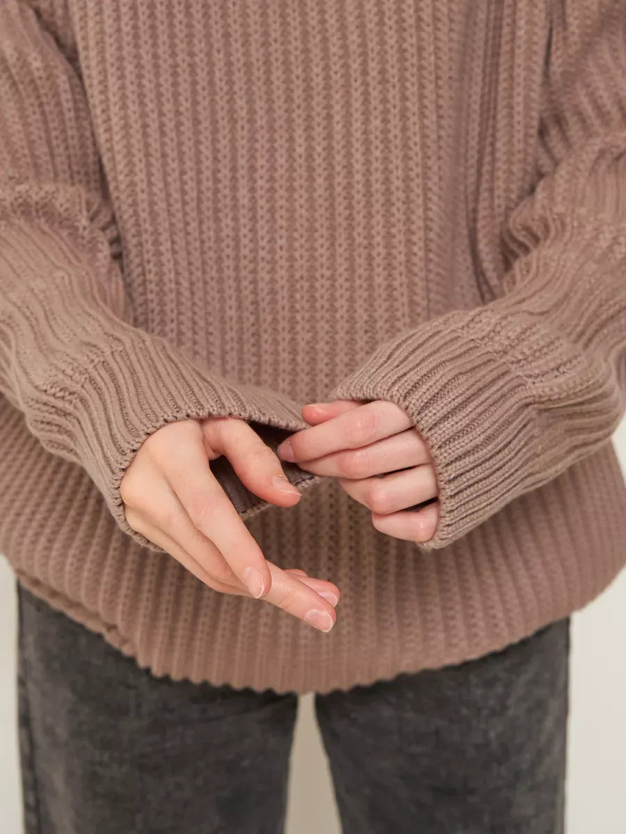 Sable Sweater by Lauven featuring oversized brown knitwear with cozy turtleneck and ribbed sleeves.