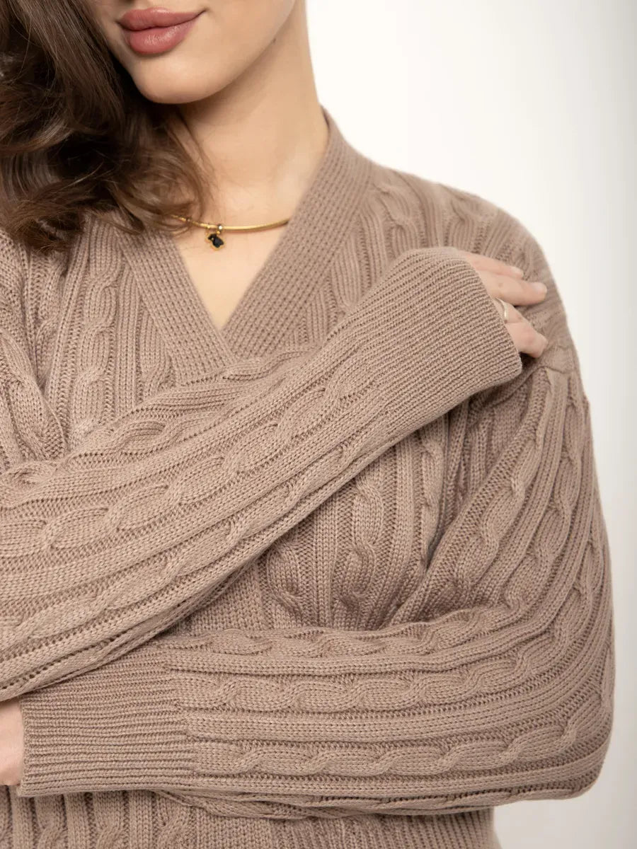 Capri Cardigan by Lauven, cropped cappuccino knit with button closure, showcasing elegant oversized fit and intricate texture.