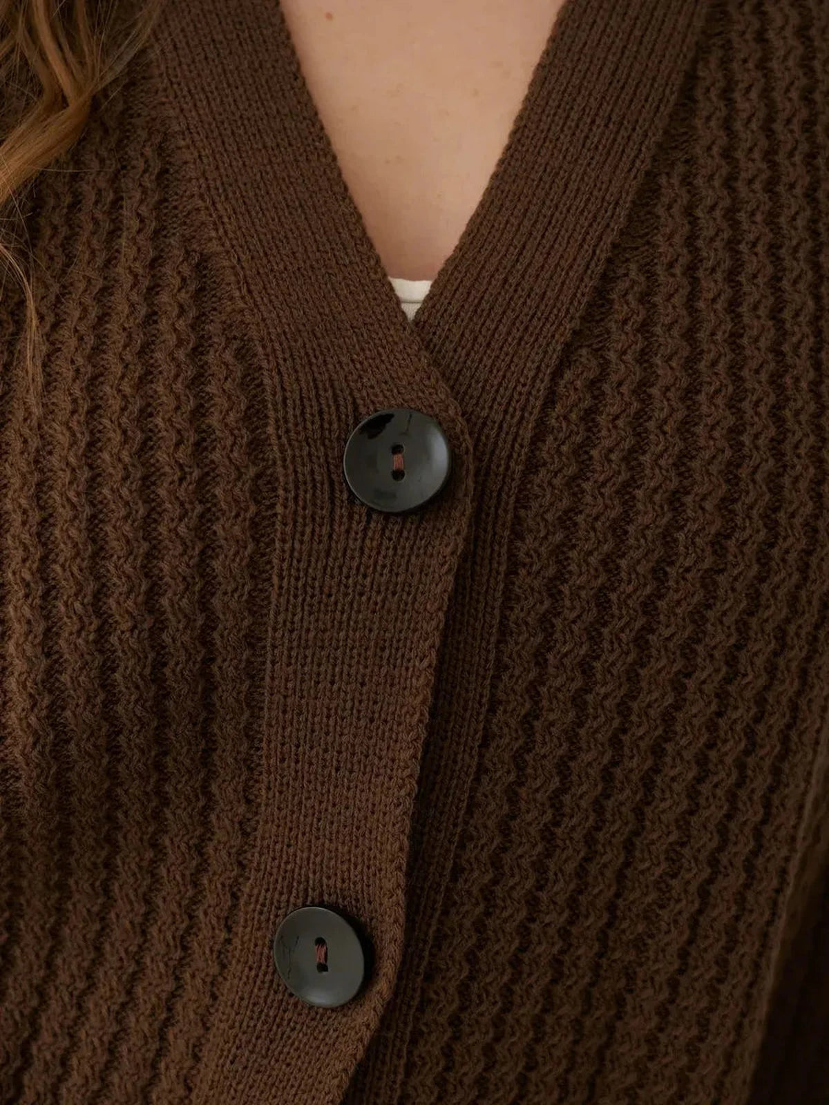 Chestnut Cardigan by Lauven featuring oversized cropped knitwear in warm brown with button details.