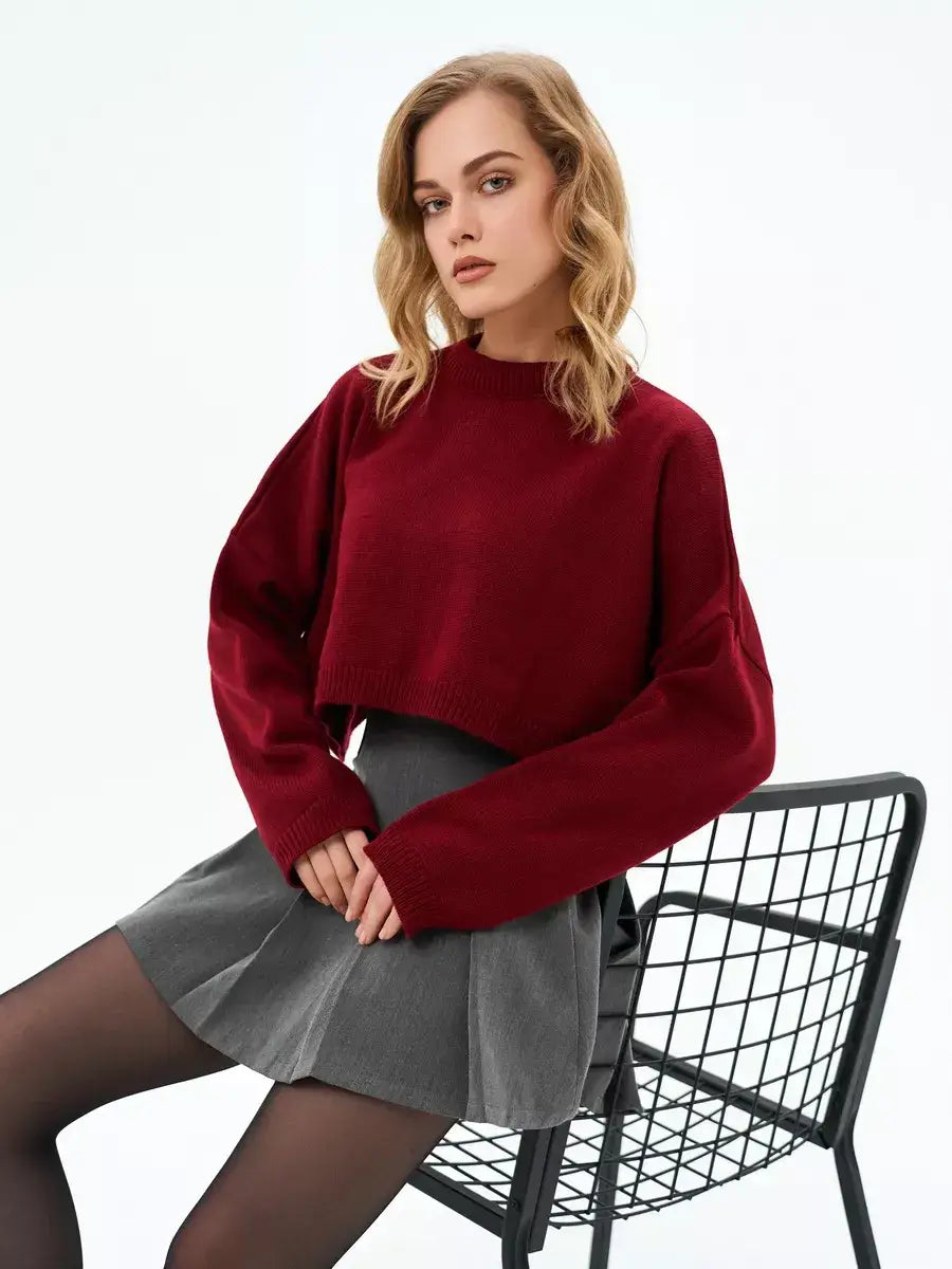 Garnet Sweater by Lauven - cropped oversized knit in deep burgundy, perfect for casual or elevated styling.