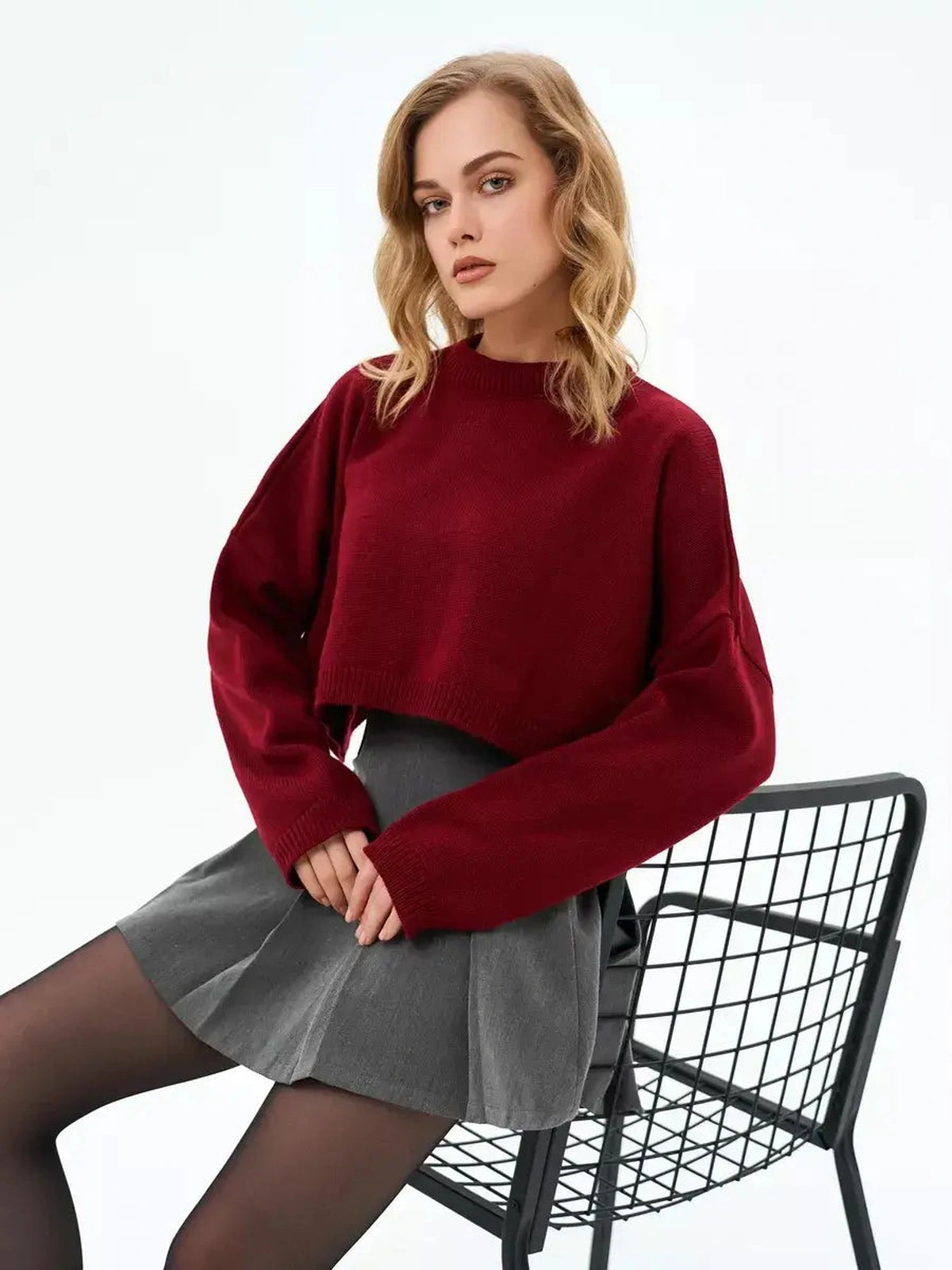 Garnet Sweater by Lauven - cropped oversized knit in deep burgundy, perfect for casual or elevated styling.