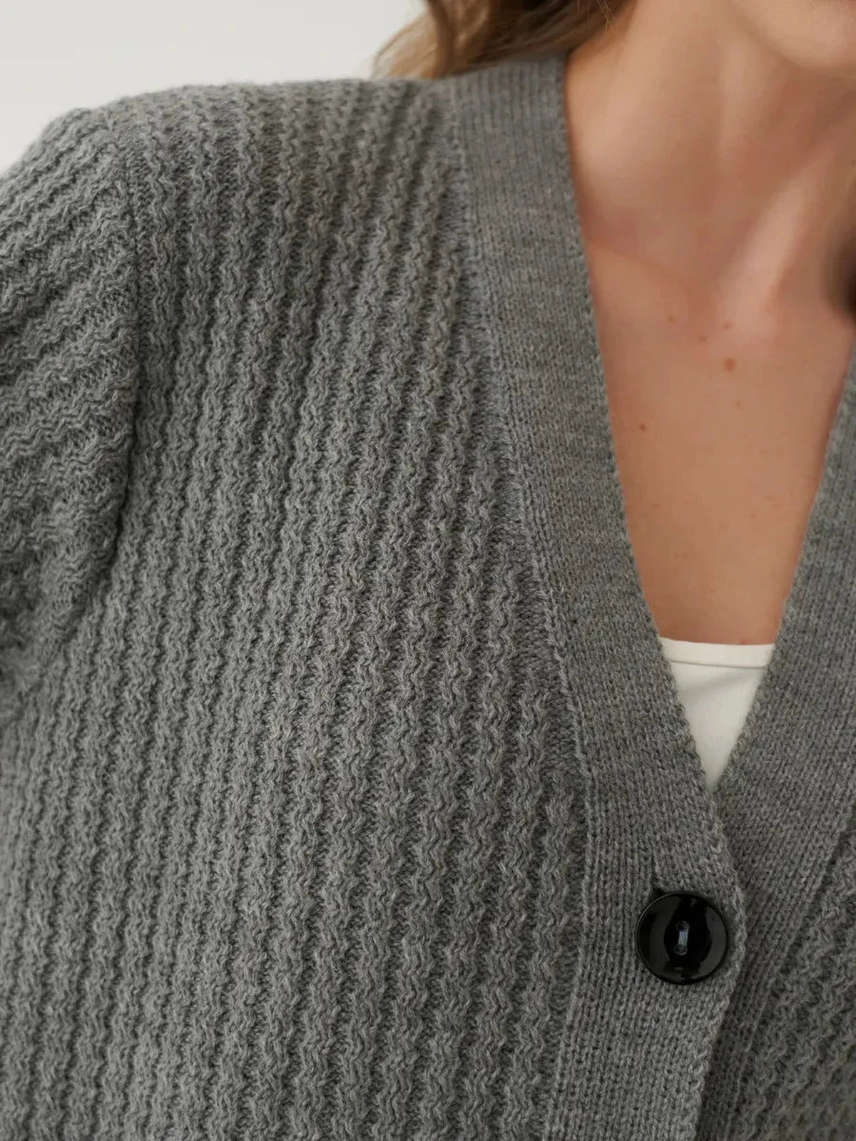 Slate Cardigan by Lauven - Oversized cropped knitwear in gray with textured design and button closure.