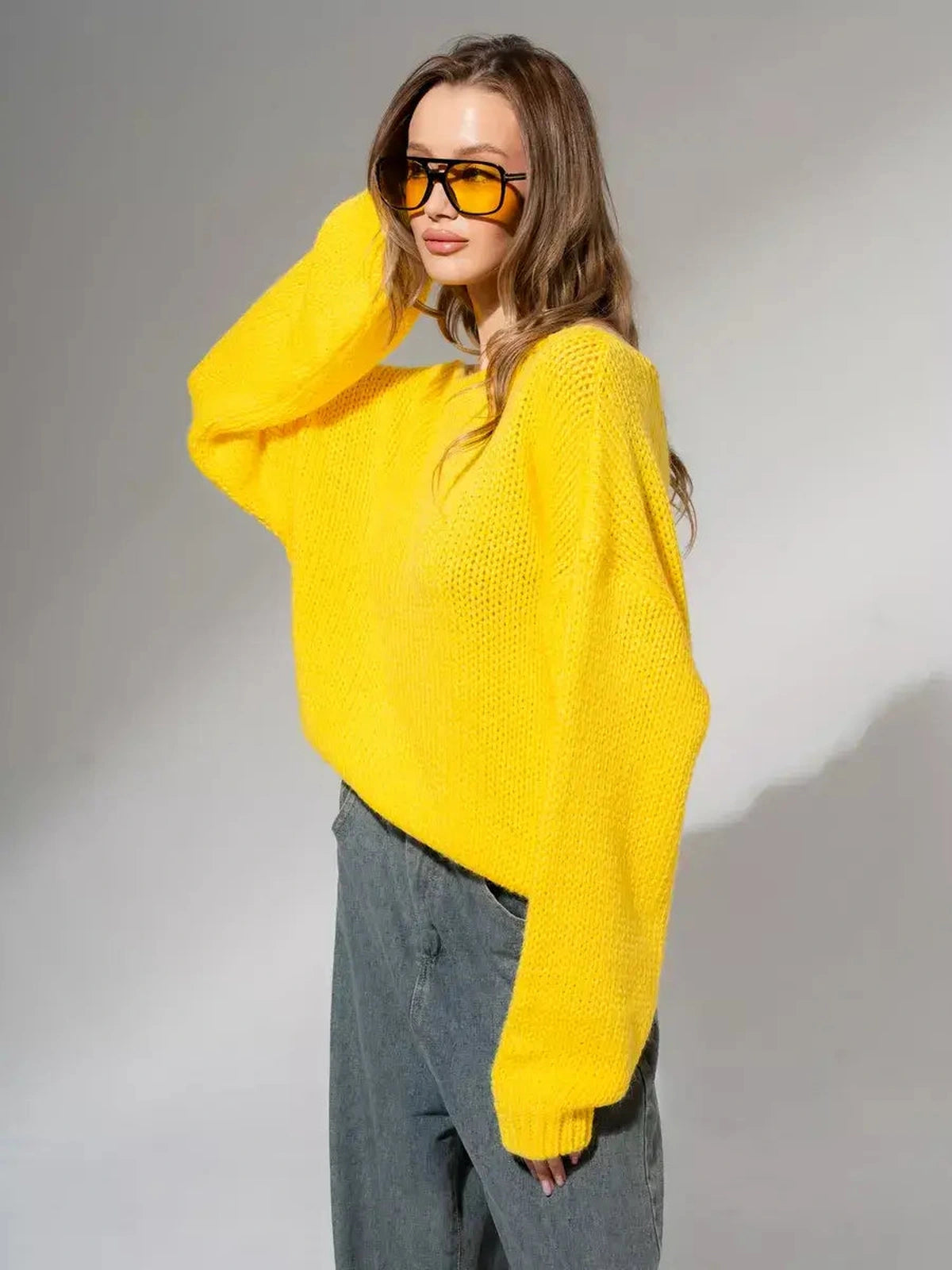 Solara Sweater by Lauven, stylish oversized knit in bright yellow, perfect for cozy fall and winter outfits.