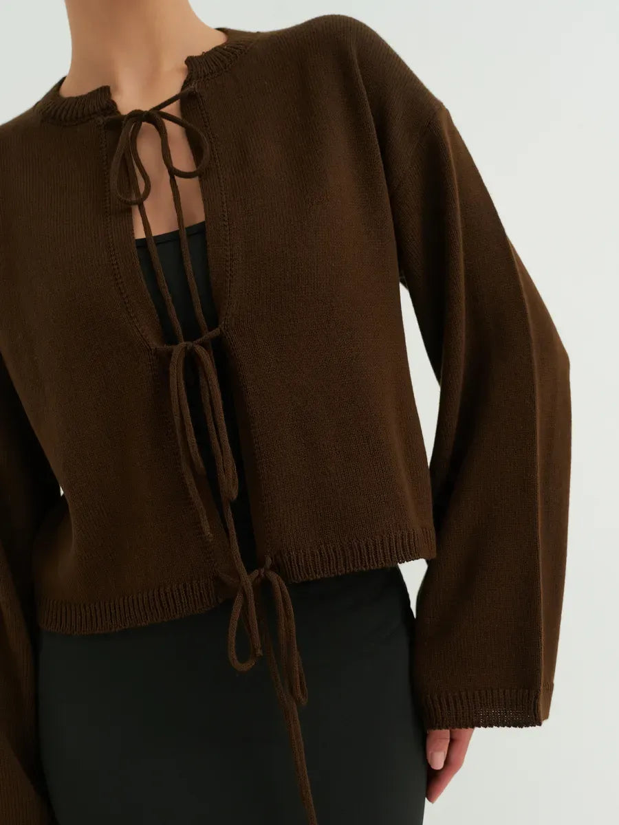 Umber Cardigan by Lauven, cropped brown knit with tie-front detailing for effortless layering.