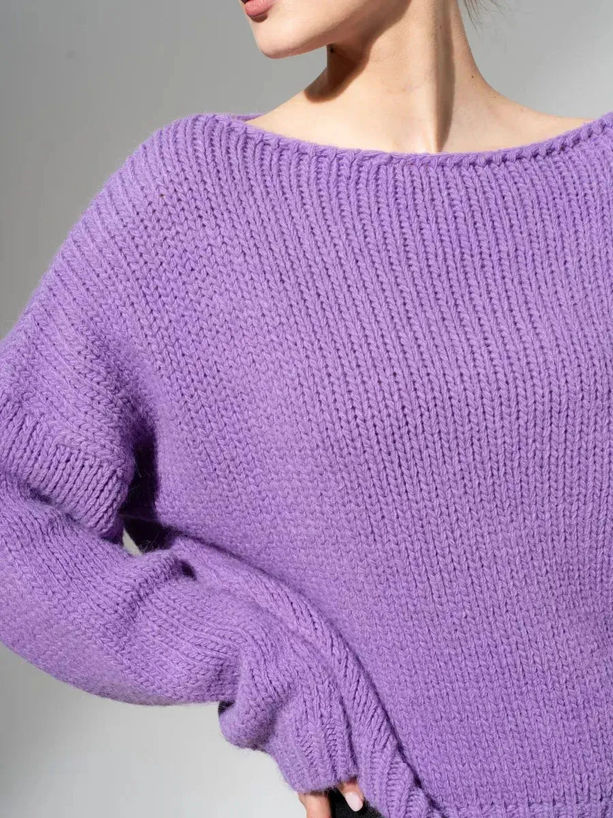 Lavina Sweater by Lauven — Oversized Off-Shoulder Knit in Lavender, perfect for fall and winter styles.