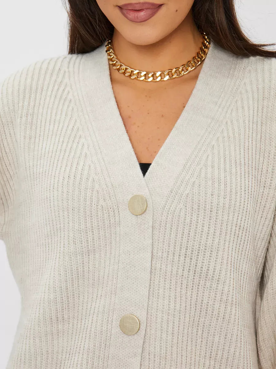 Linen Cardigan by Lauven featuring oversized knitwear in light gray with a ribbed texture and button details.