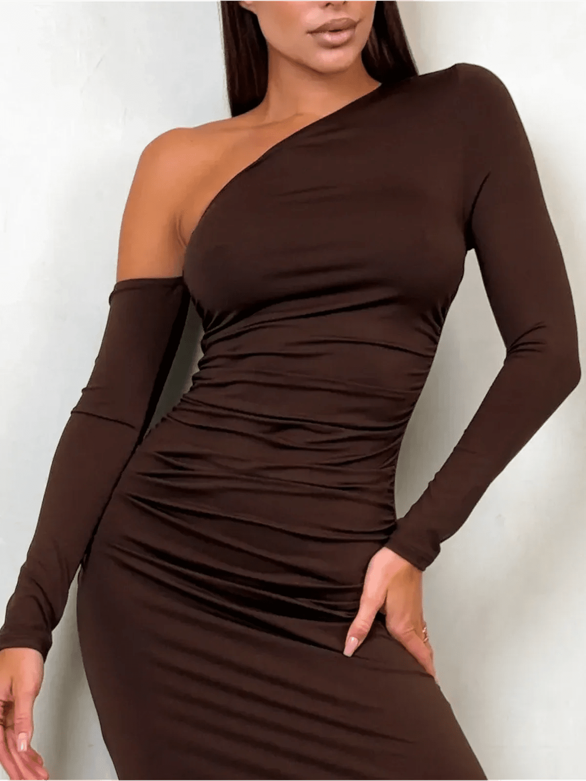 Obsidian Curve Maxi Dress in chocolate hue featuring one-shoulder design and body-hugging silhouette, perfect for formal events.