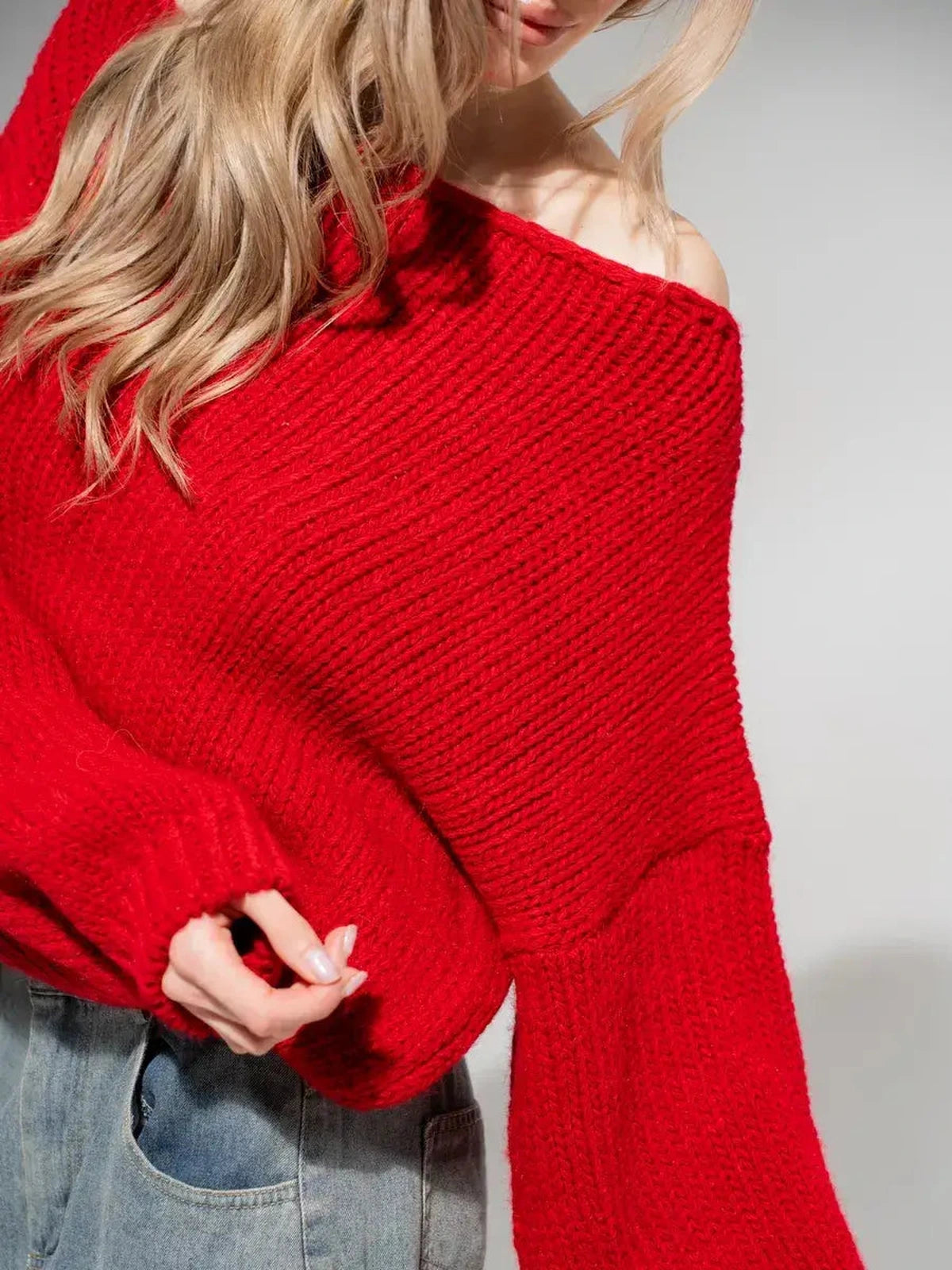 Oversized off-shoulder knit Scarlet Sweater in deep red by Lauven, blending warmth, softness, and effortless style.