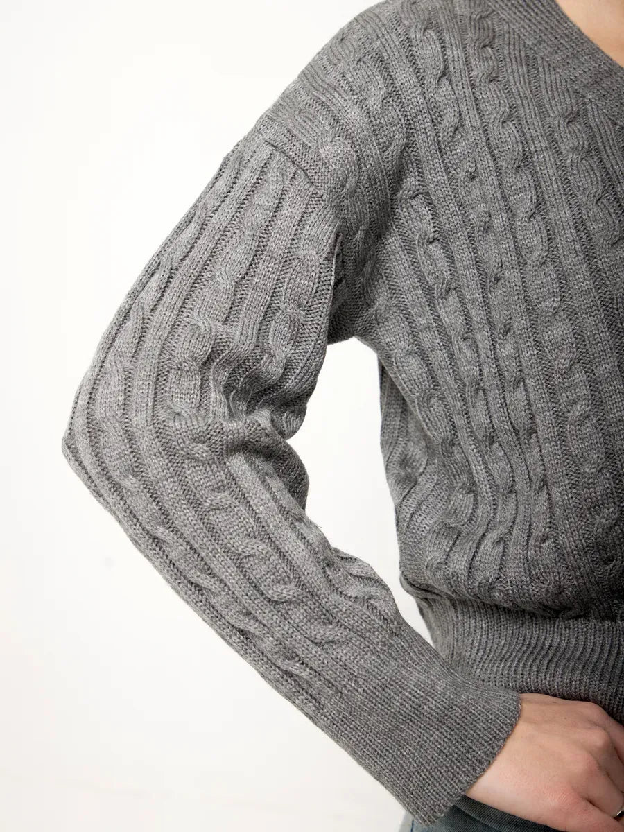 Selene Cardigan by Lauven, cropped gray knit with textured cable-knit pattern and button closure.