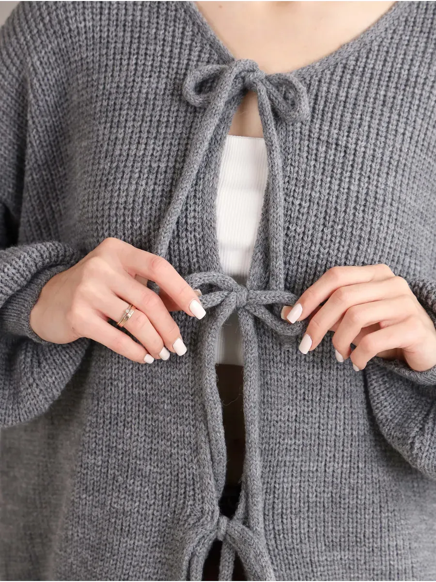 Slate Cardigan by Lauven featuring tie-front closure and oversized fit in elegant gray knitwear.