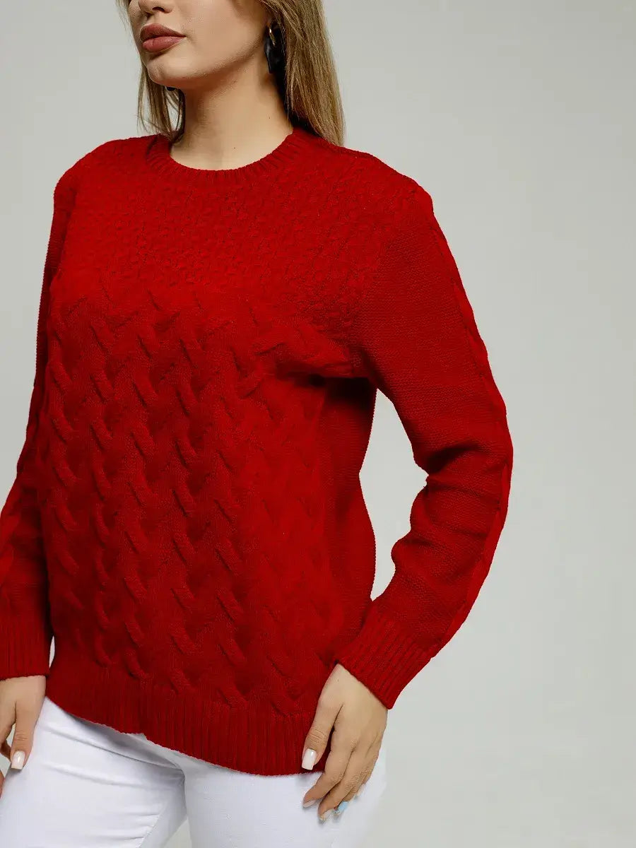 Vera Pullover by Lauven in red, featuring a classic round neckline and textured knit design for stylish comfort.