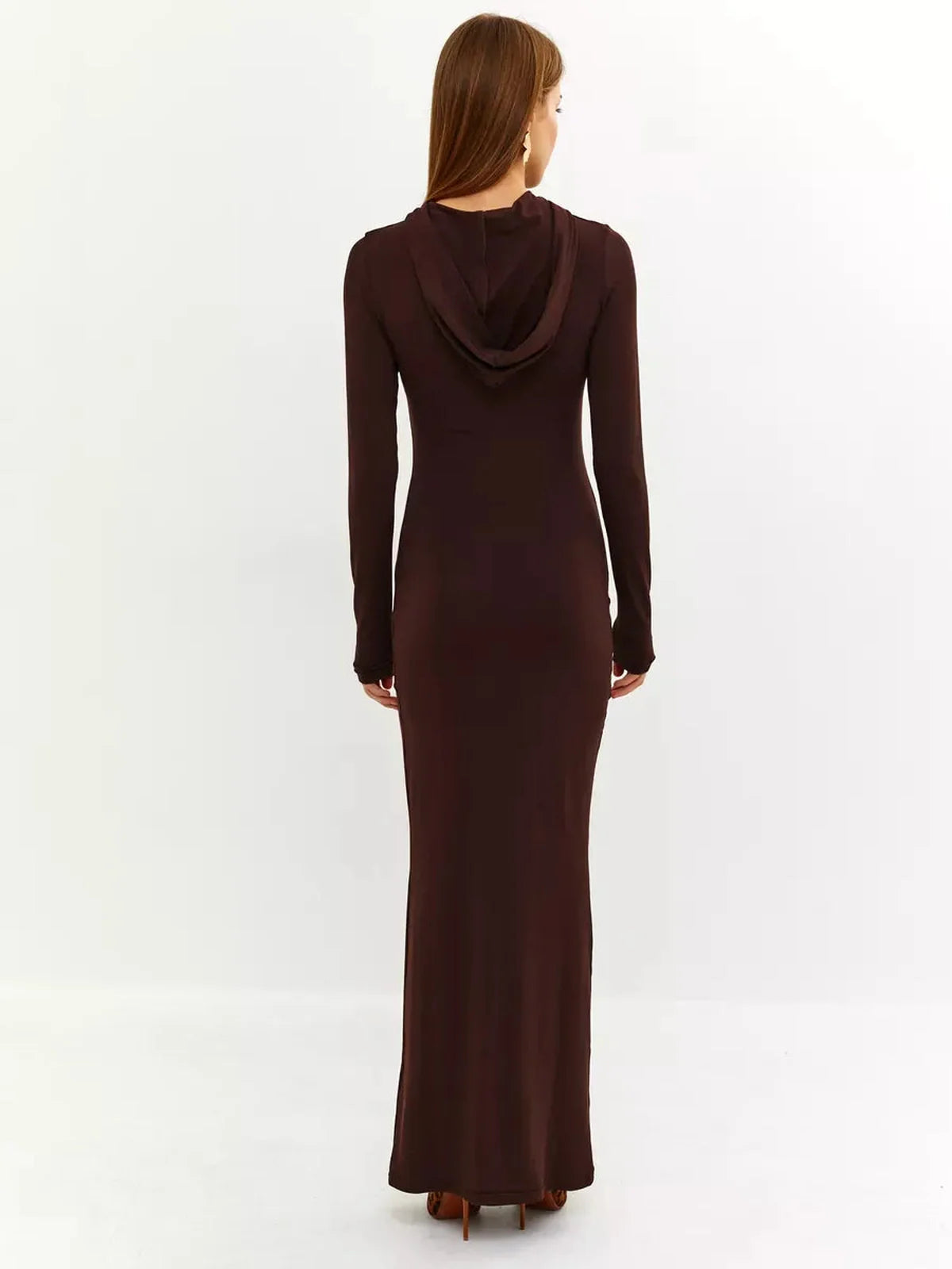 Back view of Sculpt Maxi Dress in rich chocolate tone with a hooded detail and long sleeves.