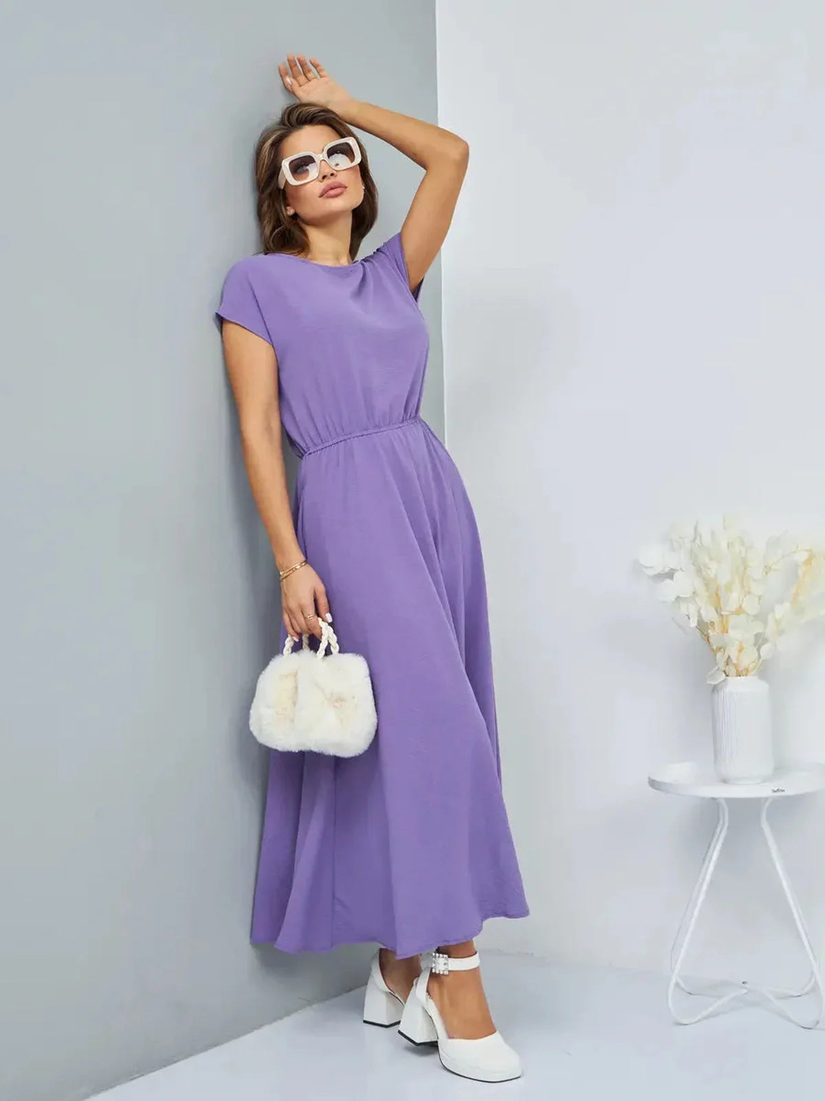 Lavender Breeze Maxi Dress in light lavender with gathered waist, styled for summer elegance and comfort.