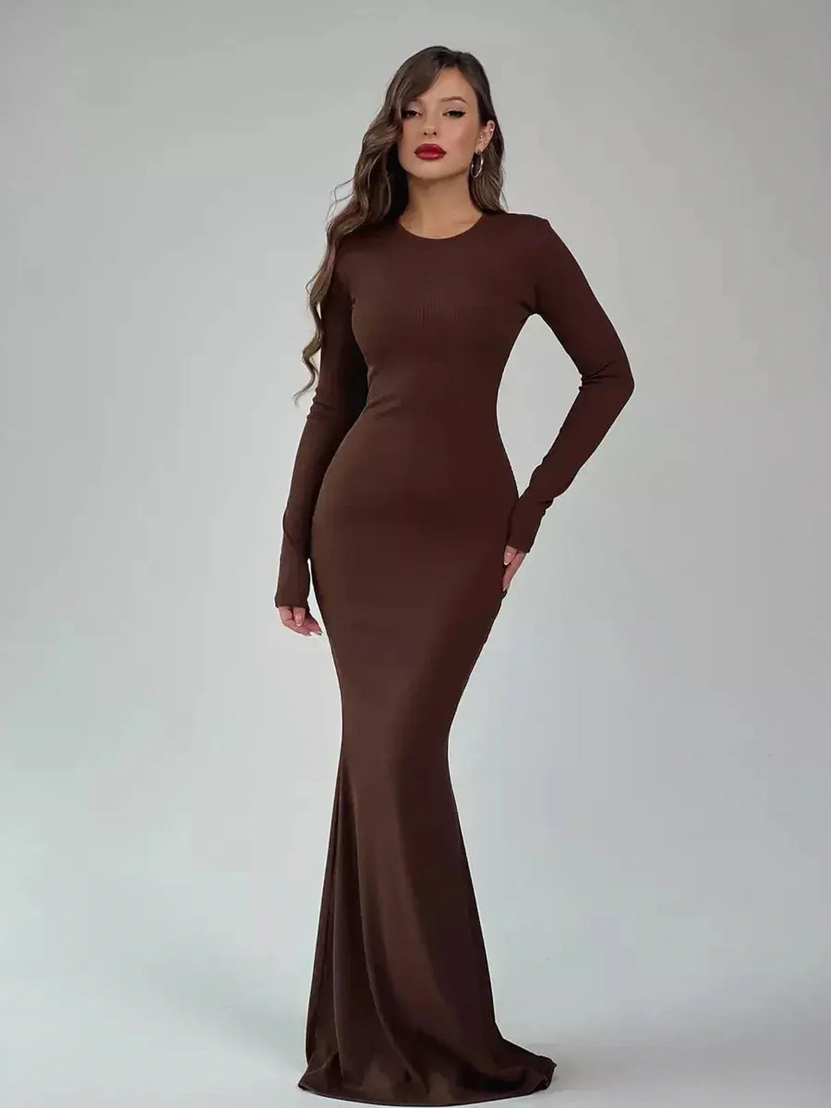 Sculpted Aura Maxi Dress in rich brown featuring long sleeves and a sleek silhouette for an elegant and breathable fit.