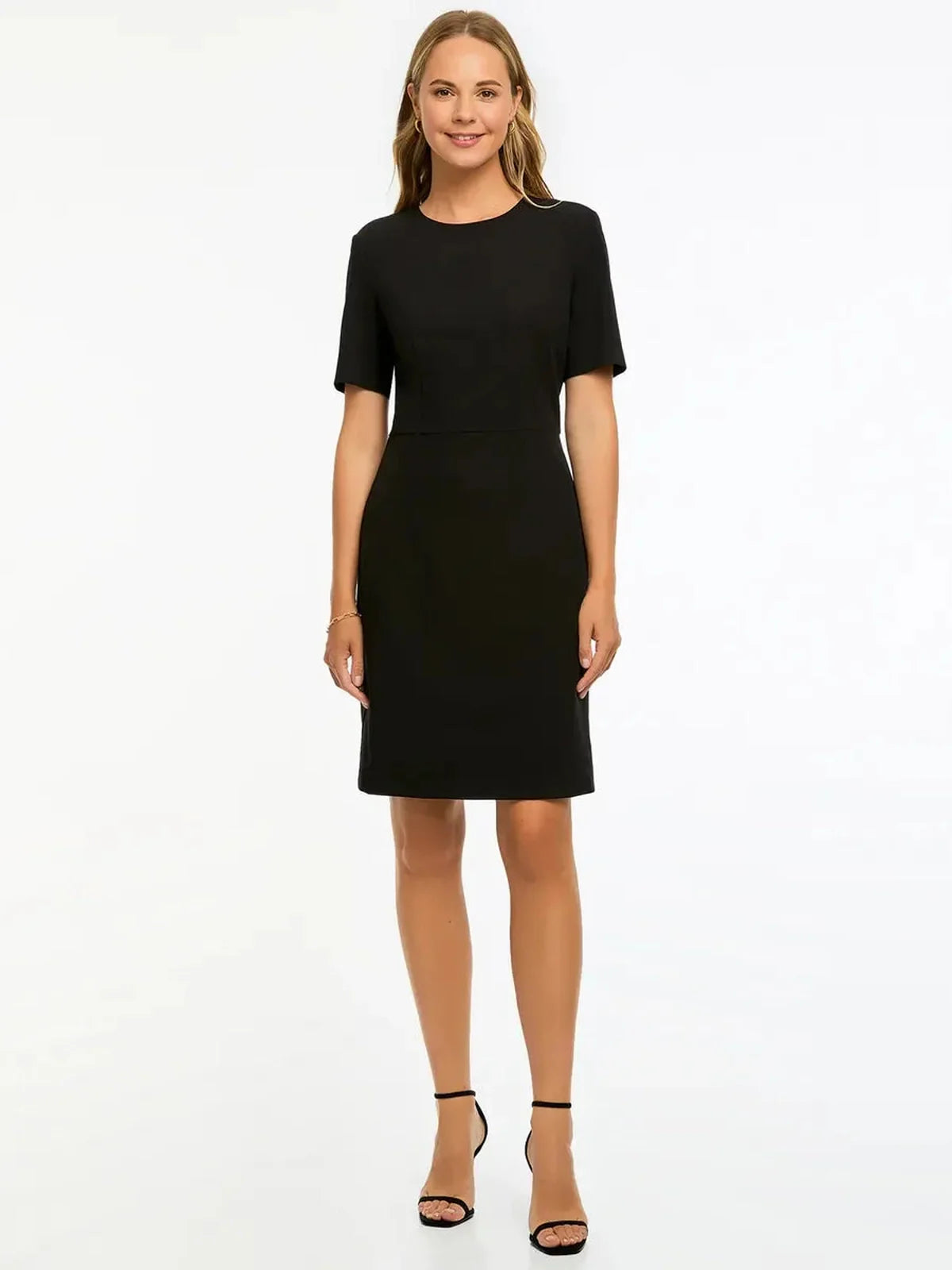 Elegant black midi dress with short sleeves, perfect for formal occasions and summer events.