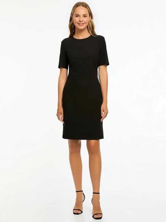 Elegant black midi dress with short sleeves, perfect for formal occasions and summer events.