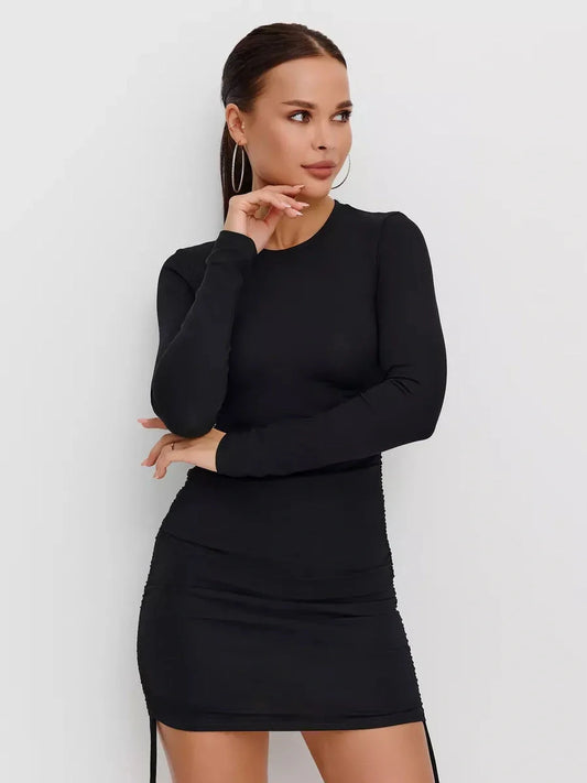 Black long sleeve midi dress with ruched sides, perfect for wedding guests and formal occasions.