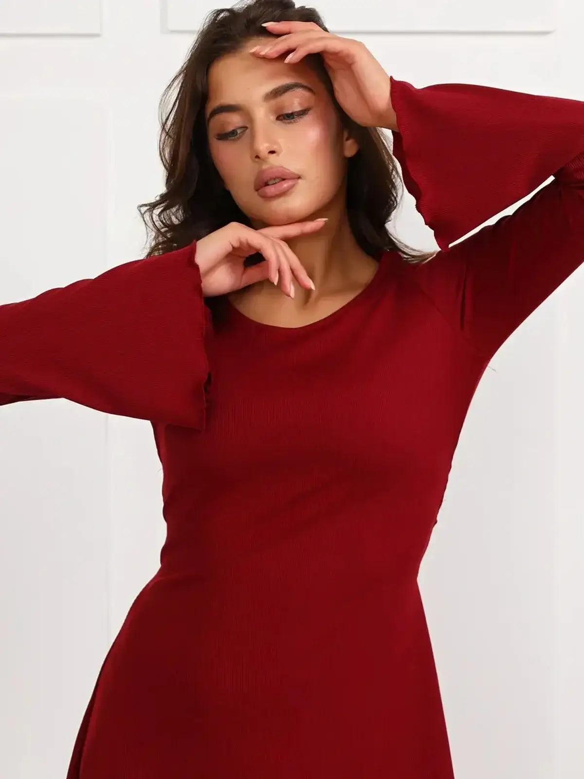 Ruby Laced red mini dress with long bell sleeves, perfect for party wear or graduation.