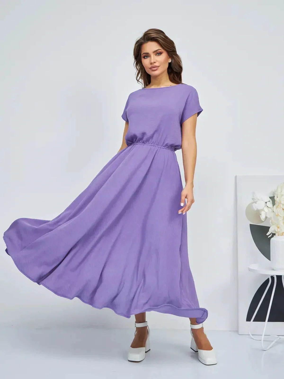 Lavender Breeze Maxi Dress in lightweight fabric, featuring a gathered waist, perfect for summer elegance and effortless flow.