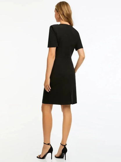 Back view of a black midi dress with short sleeves, perfect for formal occasions and summer events.