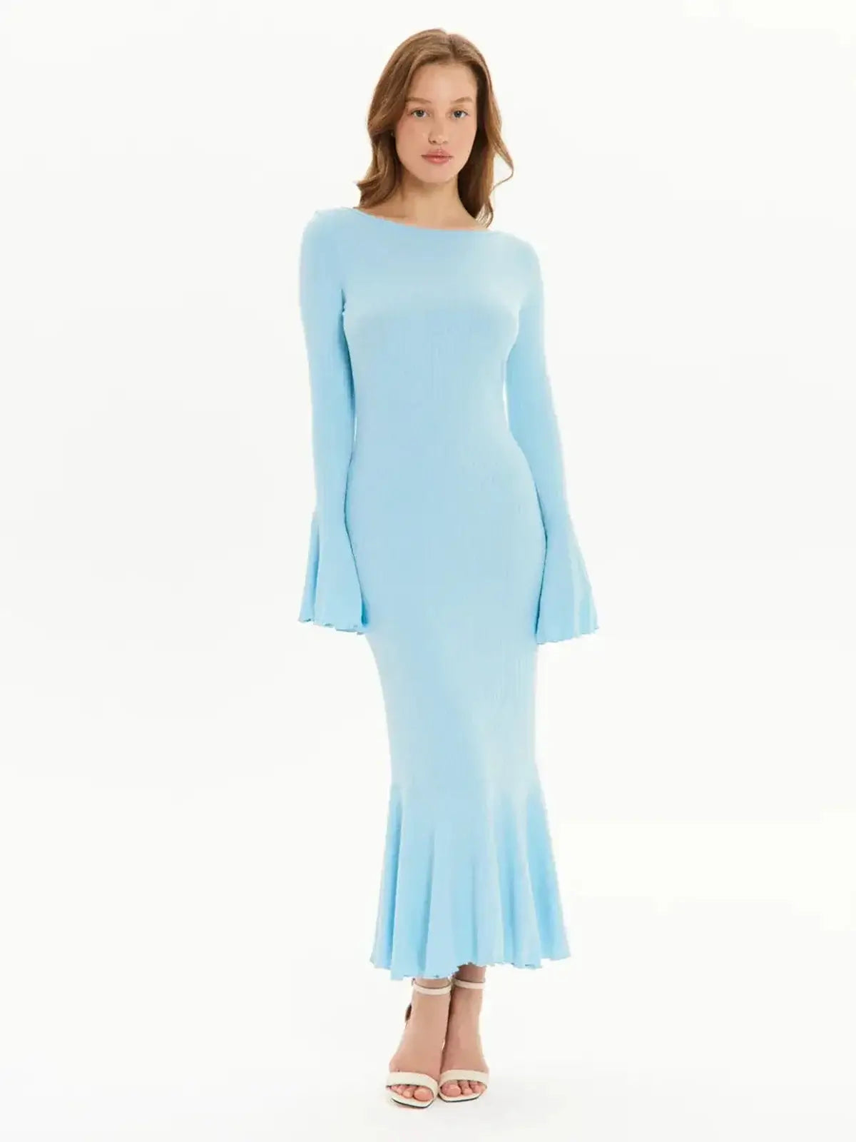 Light blue long sleeve midi dress with bell sleeves and flared hem, perfect for formal events and summer occasions.