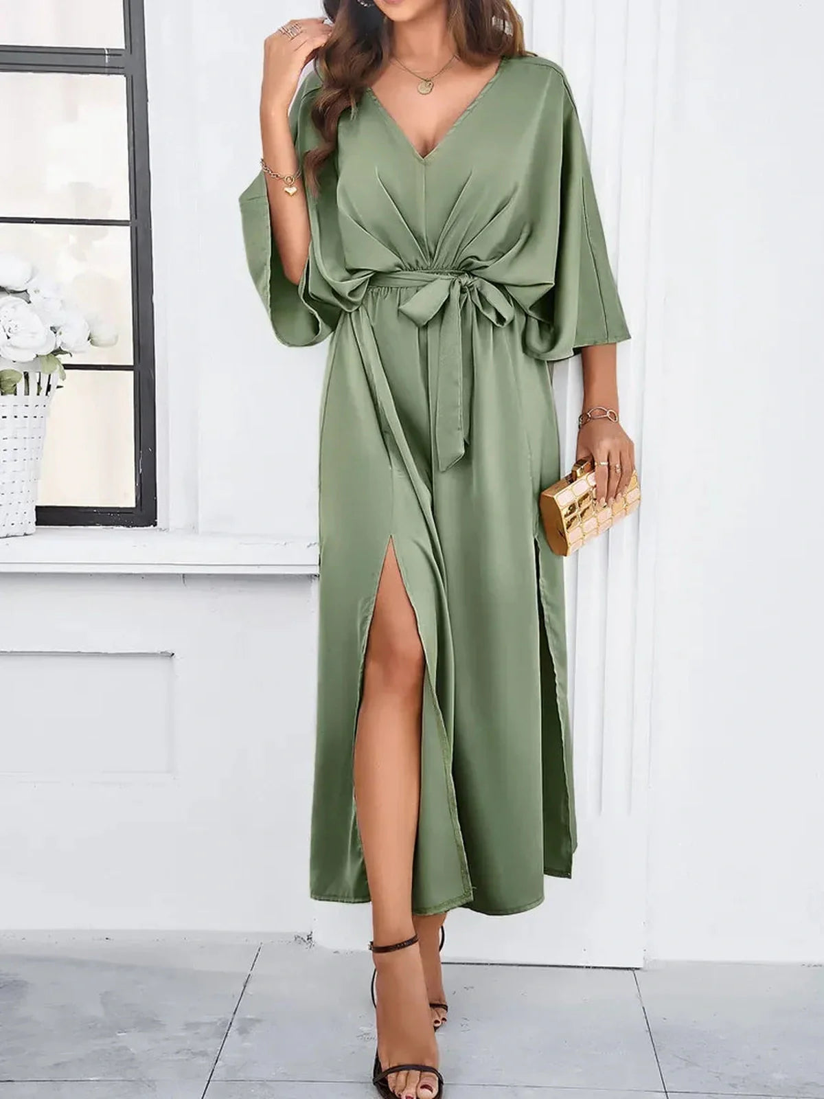 Serenity Maxi Dress in olive green with kimono sleeves, V-neckline, and adjustable waist tie for elegant styling.