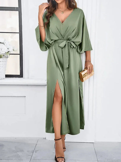 Serenity Maxi Dress in olive green with kimono sleeves, V-neckline, and adjustable waist tie for elegant styling.