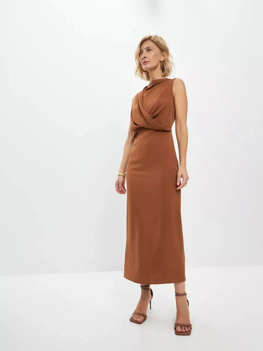 Sculpted Drape Maxi Dress in warm light brown, featuring elegant draping and a refined silhouette for formal occasions.