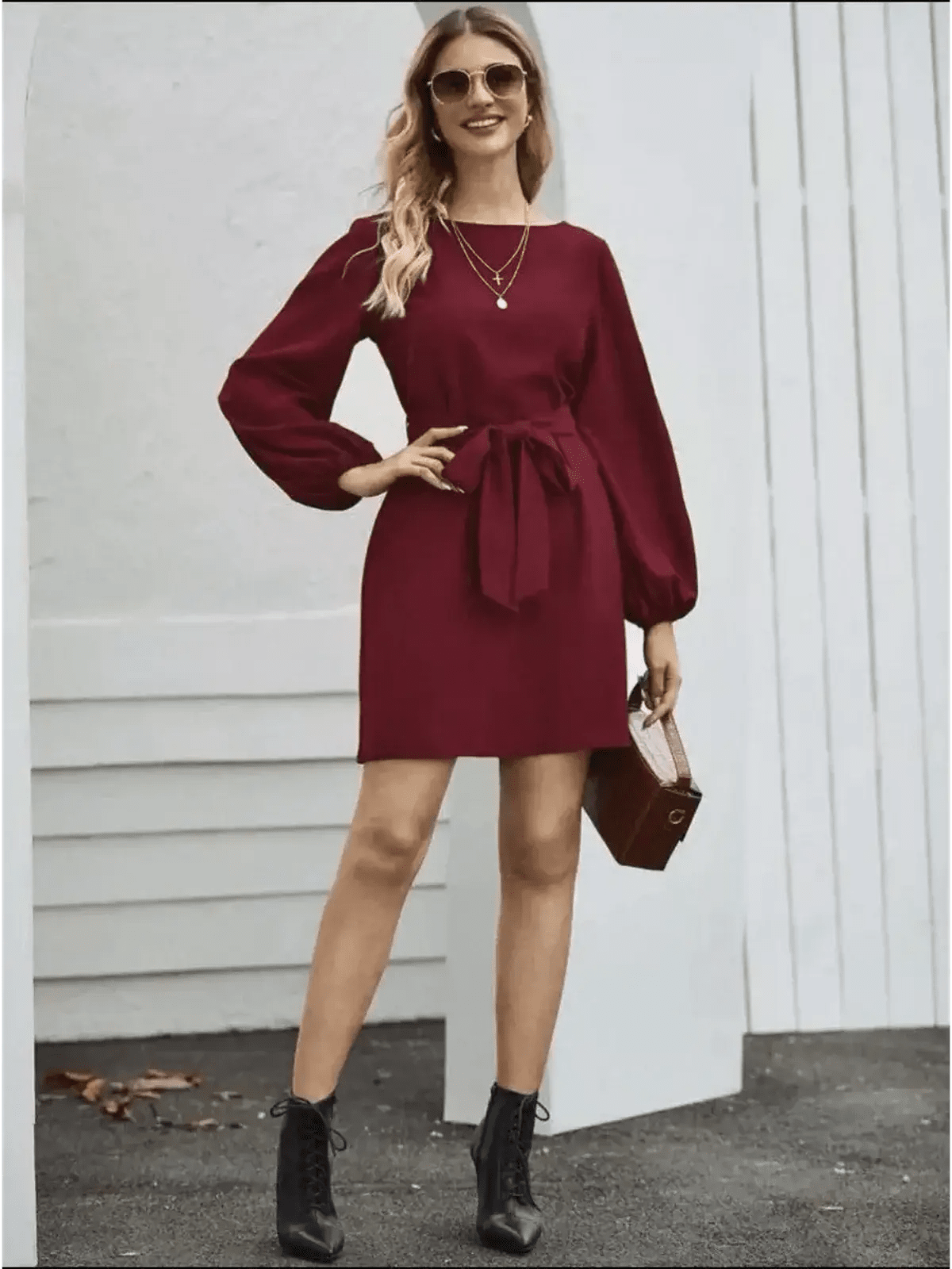 Elegant burgundy mini dress with long sleeves and detachable belt, perfect for summer parties and wedding guests.