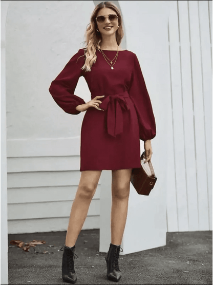 Elegant burgundy mini dress with long sleeves and detachable belt, perfect for summer parties and wedding guests.