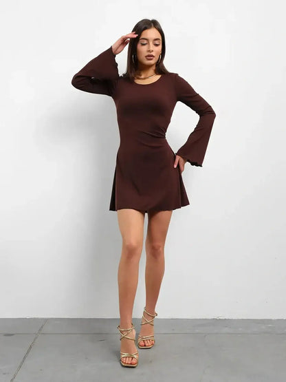 Cocoa Laced mini dress in rich chocolate tone with flared long sleeves, perfect for summer parties and weddings.