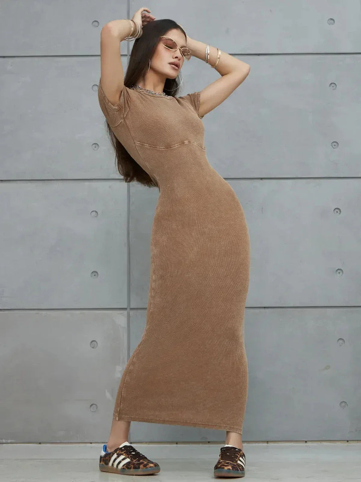 Sculpted Ease Maxi Dress in washed tobacco hue, featuring a sculpted silhouette and comfortable cotton blend.