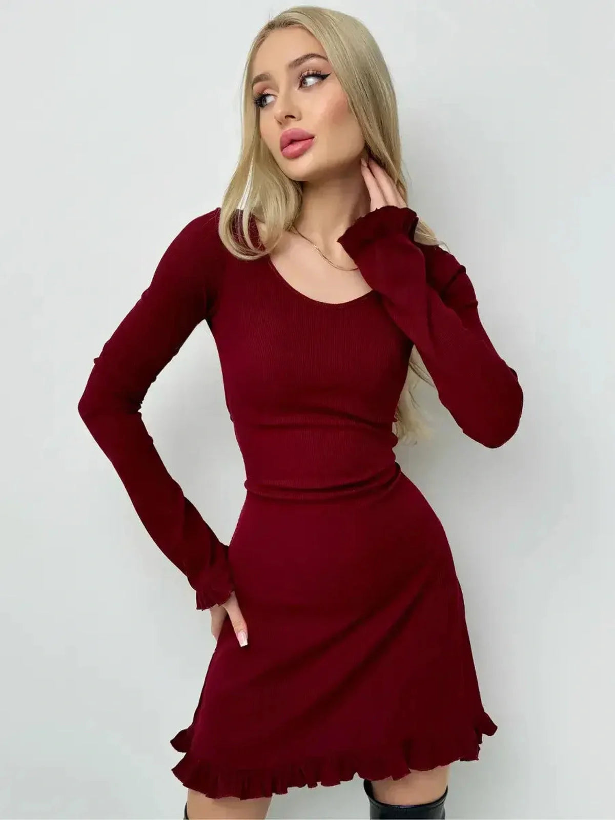 Crimson Flare red ribbed knit dress with romantic ruffles and fitted silhouette, ideal for fall fashion.