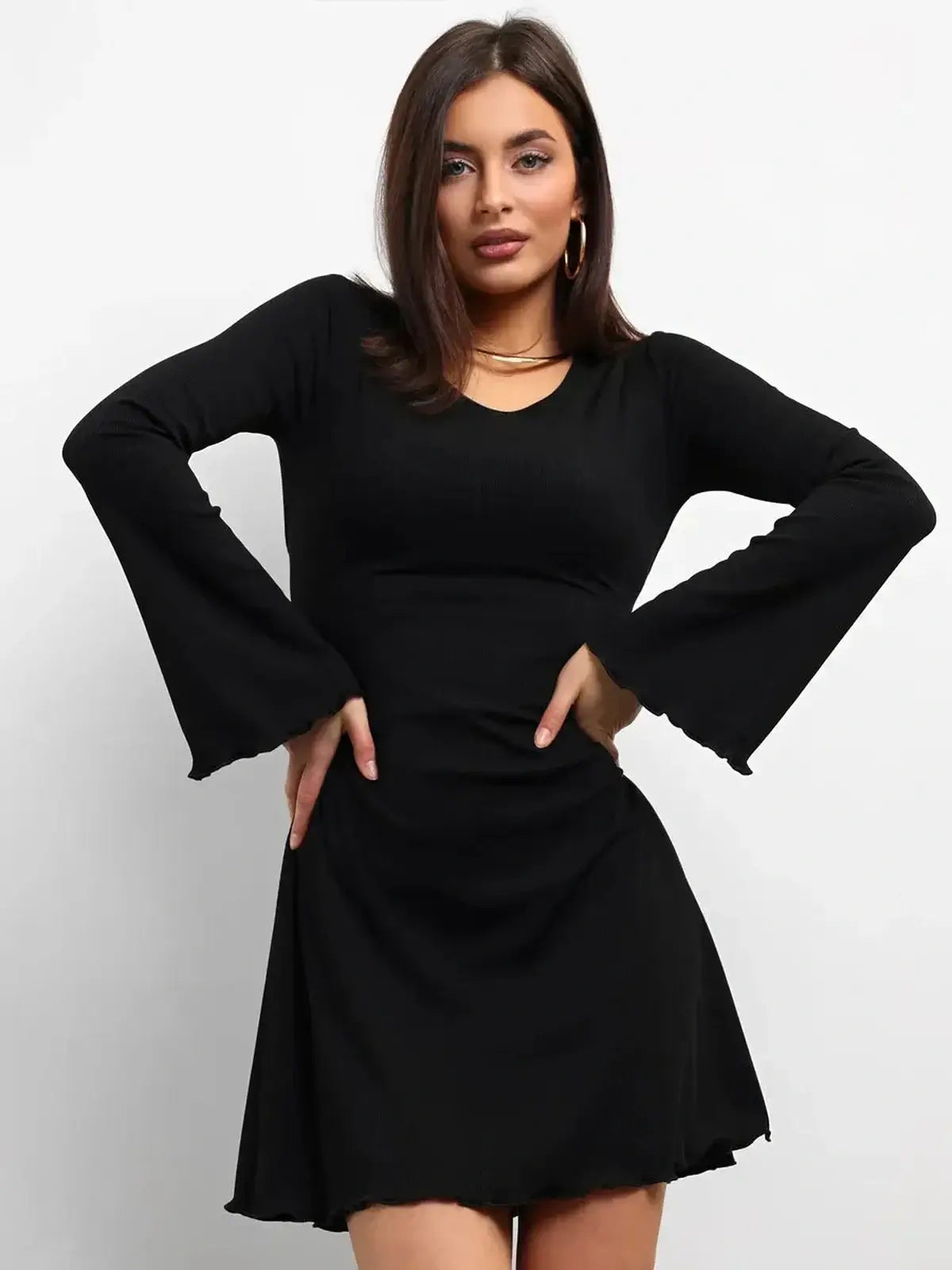 Elegant black mini dress with flared long sleeves and U-neckline, perfect for summer and formal occasions.