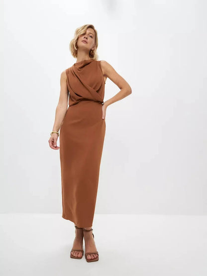 Sculpted Drape Maxi Dress in warm light brown, showcasing elegant fluid draping and a refined silhouette for formal occasions.