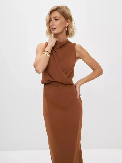 Sculpted Drape Maxi Dress in warm brown, featuring a sleek silhouette and elegant neckline for formal events.